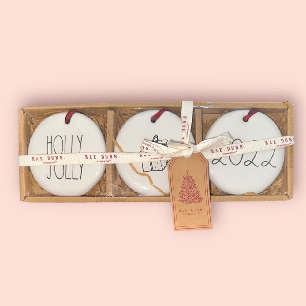 Rae Dunn Holly Jolly 2022 Ceramic Christmas Ornaments Set Of 3 New